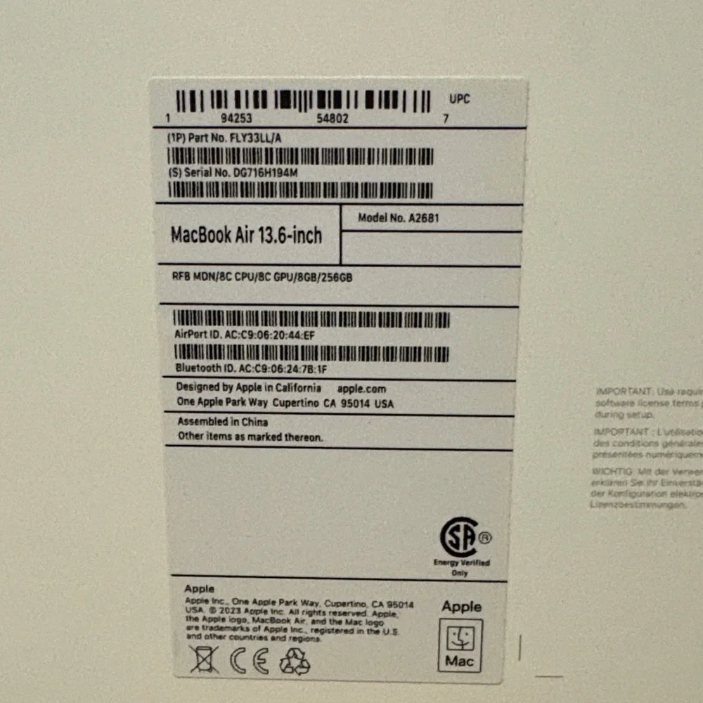 Apple MacBook Air 13.6 BOX ONLY